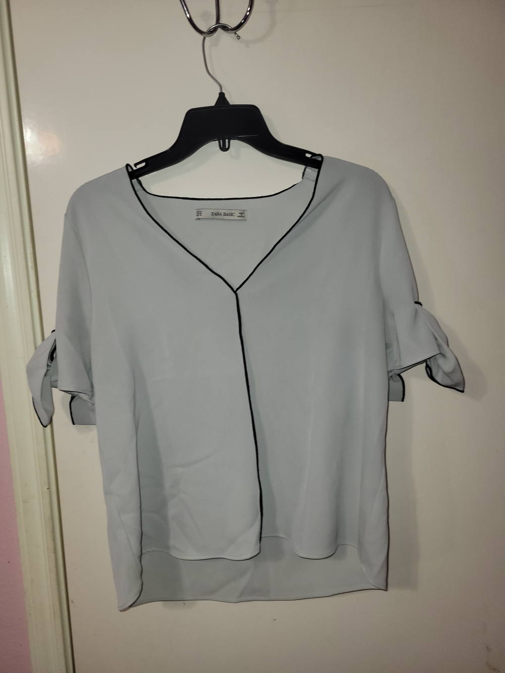 Zara Pale Blue V-Neck Blouse with Black Piping
